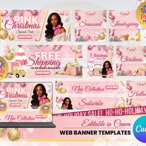 May include: A collection of pink web banner templates with Christmas and holiday themes. The banners feature text like "Pink Christmas Special Sale" and "Free Shipping." The templates are editable in Canva and include images of a woman, gifts, and ornaments.