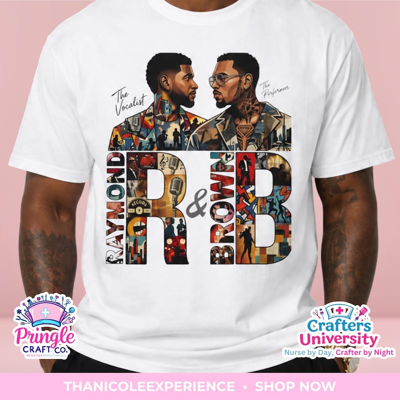 May include: A white t-shirt featuring a graphic print of two men facing each other. Above them, the text reads The Vocalist and The Performer. Below, large letters spell RAYMOND & BROWN, filled with a collage of musical imagery and silhouettes.
