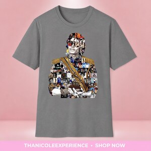 May include: A grey short-sleeved t-shirt featuring a large graphic print of a person wearing sunglasses and a military-style jacket with gold fringe epaulets. The graphic is composed of a collage of numerous smaller photographs and images.