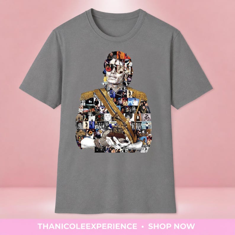 May include: A grey short-sleeved t-shirt featuring a large graphic print of a person wearing sunglasses and a military-style jacket with gold fringe epaulets. The graphic is composed of a collage of numerous smaller photographs and images.