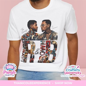May include: A white short-sleeve t-shirt featuring a graphic print of two men facing each other with the text The Vocalist and The Performer above them. Below, large letters spell R & B, filled with various colorful images and scenes.