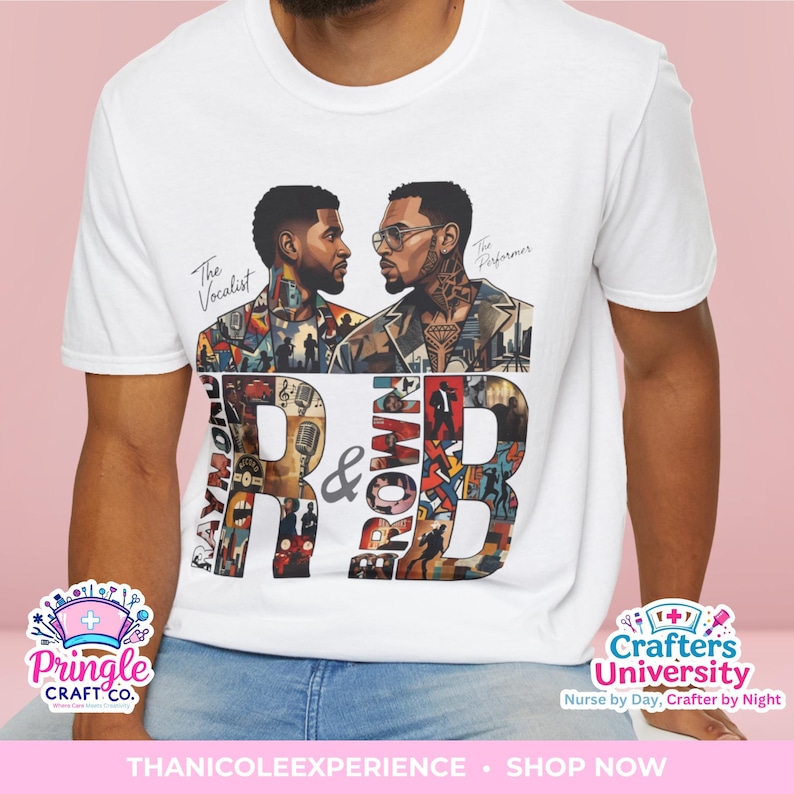 May include: A white short-sleeve t-shirt featuring a graphic print of two men facing each other with the text The Vocalist and The Performer above them. Below, large letters spell R & B, filled with various colorful images and scenes.