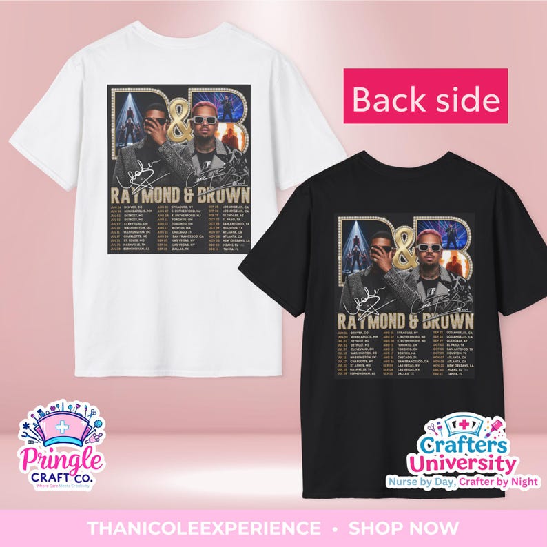 May include: A white t-shirt and a black t-shirt, each featuring a graphic print of two men wearing sunglasses, the text D&B, RAYMOND & BROWN, and a list of tour dates and locations. The graphic includes two signatures and small concert images.