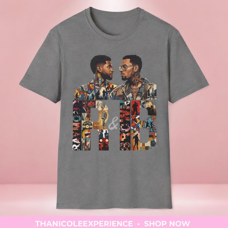 May include: A charcoal gray short-sleeve t-shirt featuring a graphic print of two men facing each other above large block letters R and B. The letters are filled with a collage of musical imagery, including microphones and silhouettes of performers.