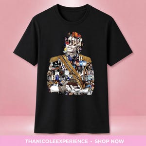 May include: A black short-sleeved t-shirt featuring a large graphic print on the front. The graphic is a collage of various small photographs forming the portrait of a person wearing sunglasses and a gold-trimmed military-style jacket with epaulets.