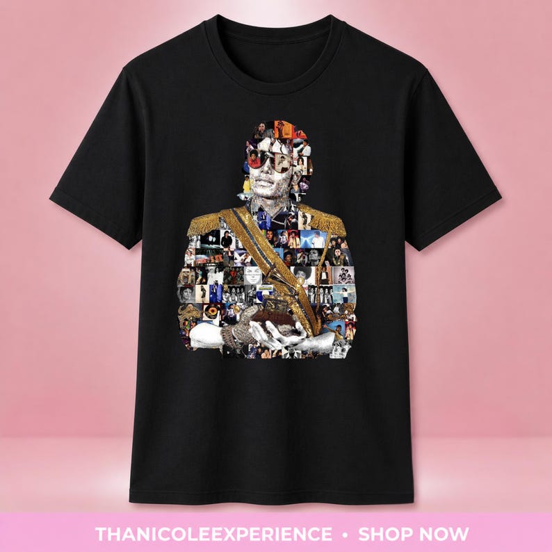 May include: A black short-sleeved t-shirt featuring a large graphic print on the front. The graphic is a collage of various small photographs forming the portrait of a person wearing sunglasses and a gold-trimmed military-style jacket with epaulets.