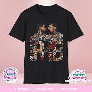 May include: A black short-sleeved t-shirt featuring a graphic print of two men facing each other. Below them, the large letters R and B are filled with a collage of musical imagery, including microphones, records, and cityscapes, with an ampersand in between.