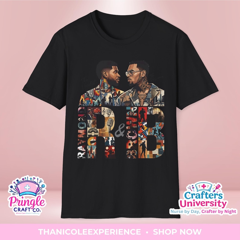 May include: A black short-sleeved t-shirt featuring a graphic print of two men facing each other. Below them, the large letters R and B are filled with a collage of musical imagery, including microphones, records, and cityscapes, with an ampersand in between.