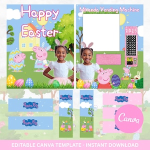 May include: A digital Easter-themed template featuring Peppa Pig characters, Easter eggs, and the text "Happy Easter." The design includes a photo frame, a 2025 calendar, and the text "Miranda Vending Machine."