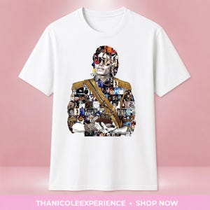 May include: A white short-sleeved t-shirt featuring a large graphic print on the front. The graphic is a photo collage forming the silhouette of a person wearing sunglasses and a military-style jacket with gold fringe epaulets and a diagonal strap.
