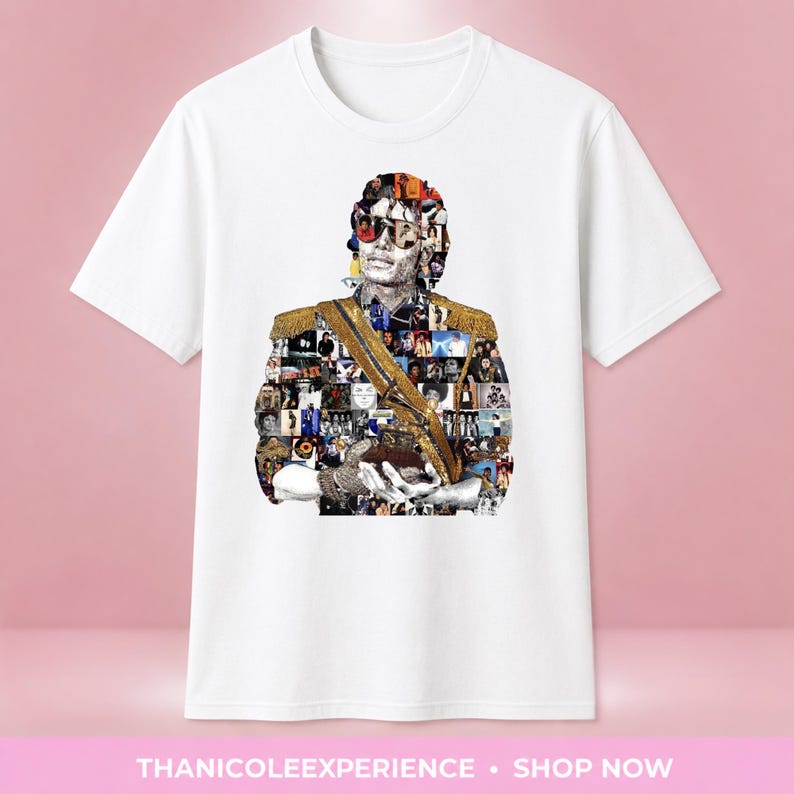 May include: A white short-sleeved t-shirt featuring a large graphic print on the front. The graphic is a photo collage forming the silhouette of a person wearing sunglasses and a military-style jacket with gold fringe epaulets and a diagonal strap.