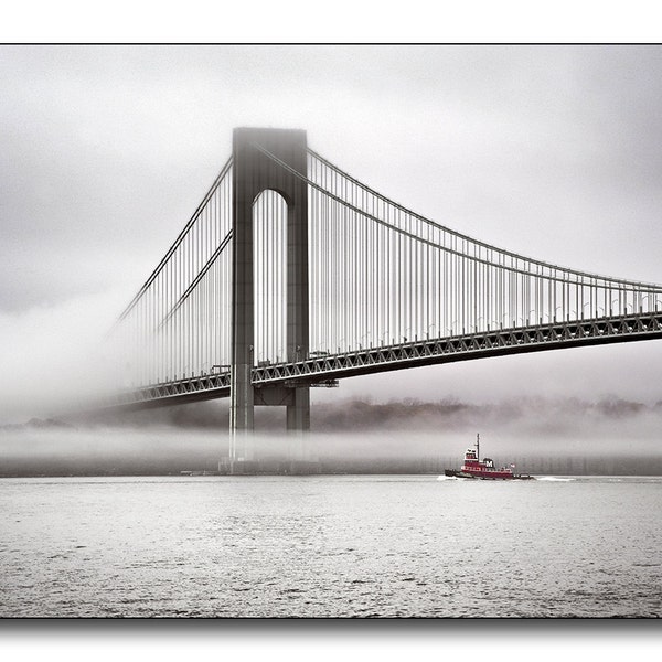 Harbor Fog Fine Art Photography, Tug Boat Under The Bridge, Cold Wet Morning, Brooklyn, Bay Ridge, Staten Island, NYC, City, Hudson River