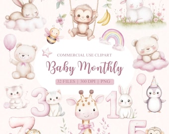 May include: A set of 32 watercolor illustrations featuring cute animals and numbers, perfect for baby monthly milestones. The illustrations include a bunny, monkey, bear, giraffe, cat, tiger, penguin, and a lamb. The numbers are in pink and white.