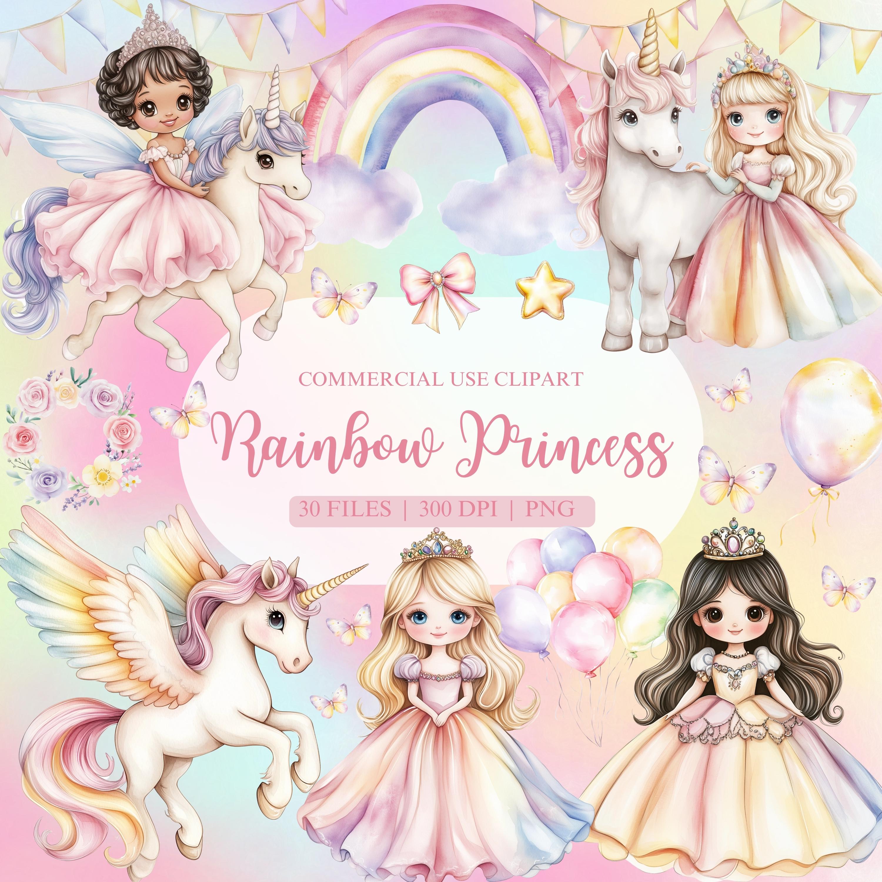 Rainbow Watercolor Clipart Bundle, Unicorn PNG , Princess Clipart ...