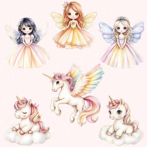 Puede incluir: Un conjunto de cinco ilustraciones de acuarela con hadas y unicornios. Las hadas llevan vestidos coloridos y tienen alas. Los unicornios son blancos con crines y colas arco&iacute;ris. Las ilustraciones est&aacute;n sobre un fondo rosa.