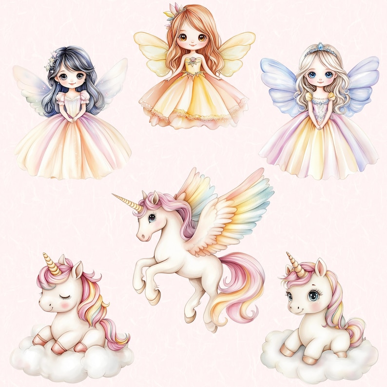 Puede incluir: Un conjunto de cinco ilustraciones de acuarela con hadas y unicornios. Las hadas llevan vestidos coloridos y tienen alas. Los unicornios son blancos con crines y colas arco&iacute;ris. Las ilustraciones est&aacute;n sobre un fondo rosa.