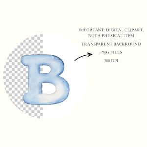 May include: A light blue watercolor letter B with a white outline. The letter is isolated on a transparent background.