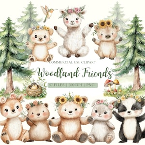 Clipart animaux des bois, pépinière des bois, clipart printemps, baby shower des bois, bébé animal de la forêt, clipart Animal, ours, renard, lapin