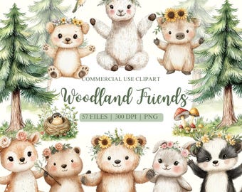 Imágenes prediseñadas de animales del bosque, guardería del bosque, imágenes prediseñadas de primavera, baby shower del bosque, animales del bosque para bebés, imágenes prediseñadas de animales, oso, zorro, conejito