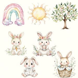 May include: A set of watercolor illustrations featuring a rainbow, sun, tree, and four bunnies. The bunnies are wearing flower crowns and holding a carrot, an Easter egg, and a basket. The illustrations are perfect for Easter crafts and decorations.