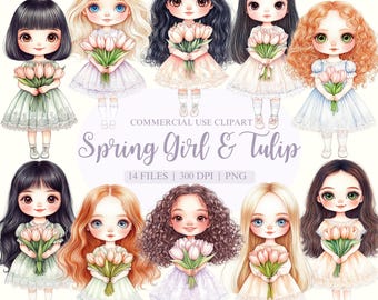 Imágenes prediseñadas de niña de primavera, imágenes prediseñadas de primavera, imágenes prediseñadas de tulipán, imágenes prediseñadas de niña chibi, imágenes prediseñadas de niña étnica, niña afrikan-americana, brasileña y latina