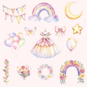 Puede incluir: Un conjunto de ilustraciones de acuarela que representan un arco&iacute;ris, una luna creciente, una estrella, una mariposa, un vestido, globos, flores y una corona. Las ilustraciones est&aacute;n en colores pastel y tienen un aire caprichoso.