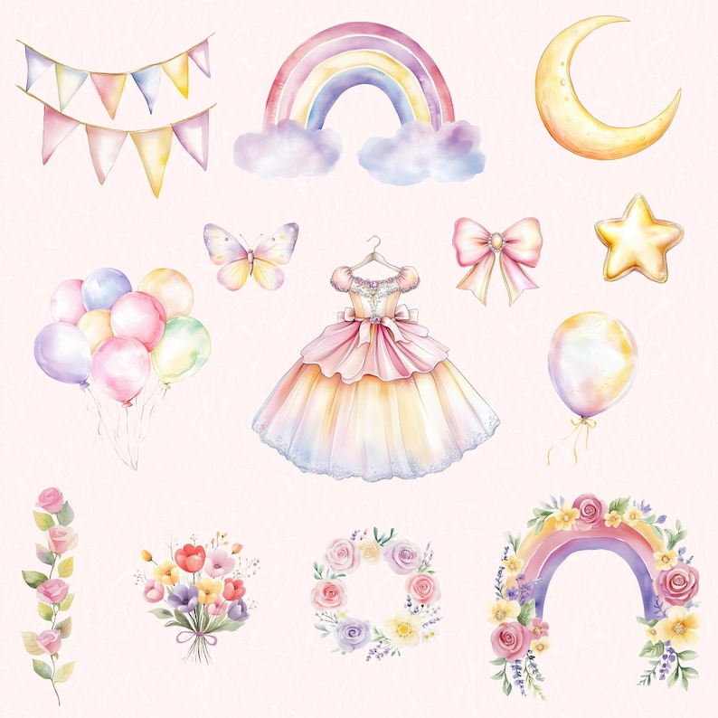 Puede incluir: Un conjunto de ilustraciones de acuarela que representan un arco&iacute;ris, una luna creciente, una estrella, una mariposa, un vestido, globos, flores y una corona. Las ilustraciones est&aacute;n en colores pastel y tienen un aire caprichoso.