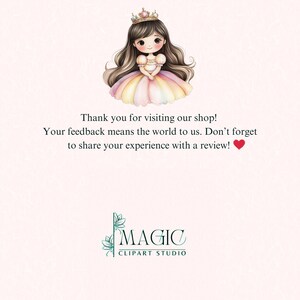 Puede incluir: Una ilustraci&oacute;n de dibujos animados de una princesa con un vestido rosa y amarillo con una corona. El texto "&iexcl;Gracias por visitar nuestra tienda! Tus comentarios significan el mundo para nosotros. &iexcl;No olvides compartir tu experiencia con una rese&ntilde;a!" est&aacute; debajo de la imagen. El texto "MAGIC CLIPART STUDIO" est&aacute; en la parte inferior de la imagen.