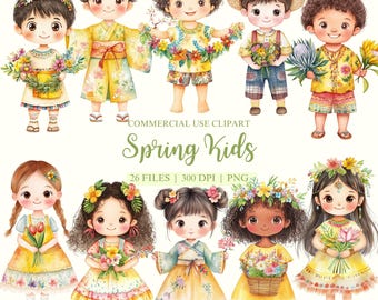 Clipart de niños de primavera, clipart de acuarela de primavera, clipart de niños étnicos, PNG de niños de acuarela, clipart de Pascua, PNG de primavera, Pascua para niños, niños lindos