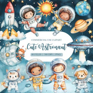 Astronaut Aquarell Clipart, Weltraum Clipart, Jungen und Mädchen Geburtstag Clipart, Planeten und Raketen PNG, Weltraum und Galaxie PNG, UFO Clipart