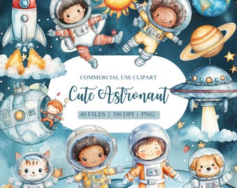 Astronaut Watercolor Clipart, Space Clipart, Boy and Girl Birthday Clipart, Planets and Rockets PNG, Space and Galaxy PNG, UFO Clipart