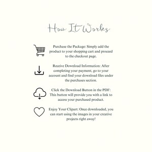 May include: How It Works: A graphic with four icons and text explaining the process of purchasing and downloading digital products. The icons include a shopping cart, a download arrow, a cloud with a download arrow, and a heart.