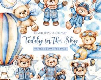 Teddy Bear Clipart, Airplane Clipart, Flying Bear, Baby Boy Clipart, Blue Bear Clipart, Aviator Bear Clipart, Teddy Bear PNG, Pilot Clipart