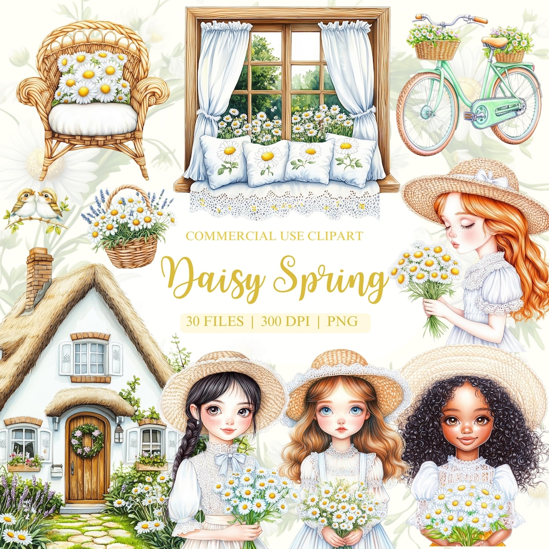 Spring Clipart, Springtime, Daisy Clipart, Spring Girl Clipart, Daisy ...