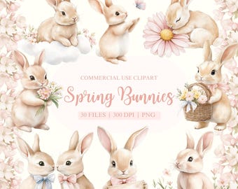 Spring Bunnies Watercolor Clipart, Easter Bunnies Clipart, Bunny PNG, Spring Clipart, Easter PNG, Rabbit Clipart, Floral Bunny Clipart