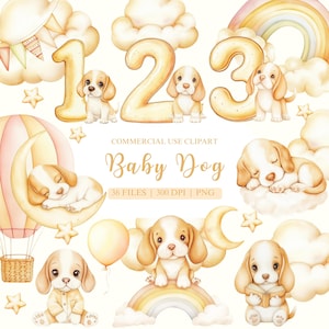 Joli chien aquarelle Clipart, clipart bébé jalon mensuel, anniversaire des cliparts, clipart bébé jalon, des cliparts chiffres, des cliparts animaux