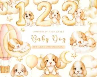 Imágenes prediseñadas de acuarela de perro lindo, imágenes prediseñadas de hitos mensuales de bebé, imágenes prediseñadas de cumpleaños, imágenes prediseñadas de hitos de bebé, imágenes prediseñadas de números, imágenes prediseñadas de animales