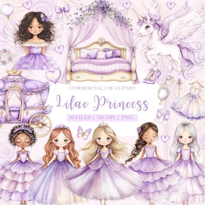 Clipart de acuarela de princesa lila, princesa PNG, unicornio PNG, primer cumpleaños de princesa, clipart de hadas, clipart de castillo, clipart de niña bebé