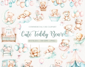 Clipart de oso de peluche azul de acuarela, lindo oso de peluche, decoración de guardería de niño, baby shower azul, clipart de baby shower, clipart de cumpleaños de niño
