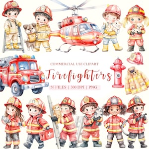 Firefighters Watercolor Clipart, Freman Clipart, Firefighter Kids, Firetruck PNG, Firefighter Birthday, Boy Birthday PNG, Nursery Clipart