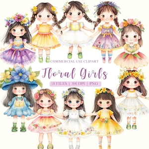 Clipart acquerello ragazze floreali, Clipart ragazza chibi, Clipart bambina, Clipart ragazza primavera, Clipart primavera, ragazza dei fiori, PNG ragazza carina