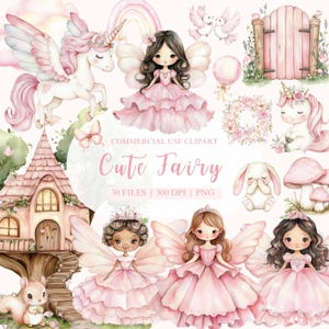 Clipart aquarelle fée, fée mignonne, jardin, licorne PNG, lapin PNG, Clipart fée rose, papillon PNG, premier anniversaire de fée