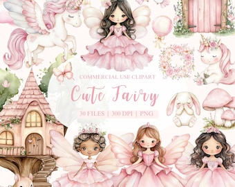 Fairy Watercolor Clipart, Cute Fairy Clipart, Fairy Garden, Unicorn PNG, Bunny PNG, Pink Fairy Clipart, Butterfly PNG, Fairy First Birthday