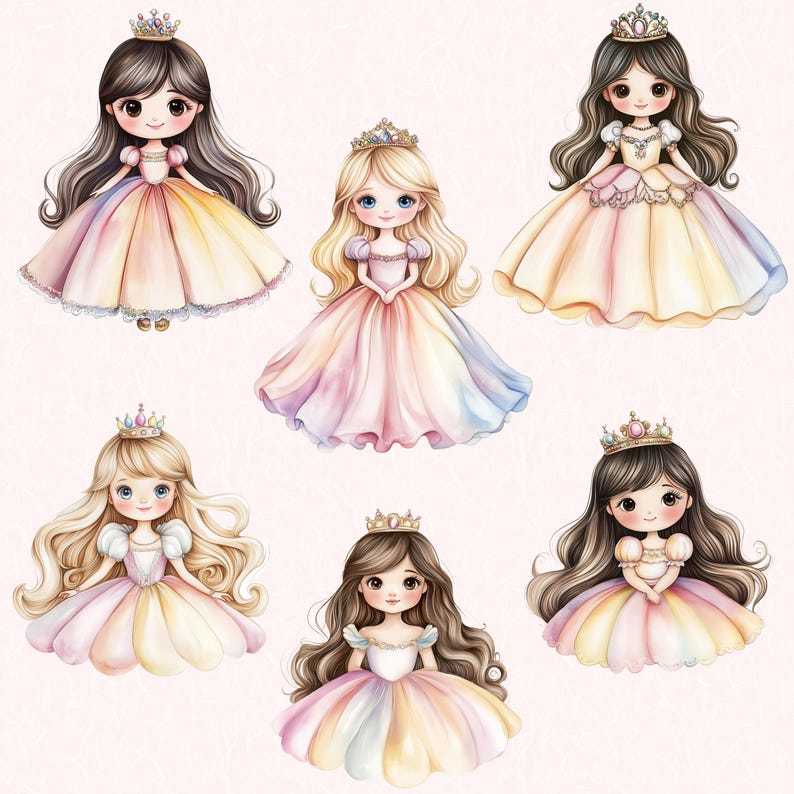Puede incluir: Seis ilustraciones de dibujos animados de princesas con vestidos coloridos y coronas. Cada princesa tiene un peinado y una expresi&oacute;n facial diferentes.