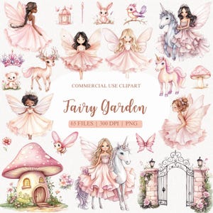 Pacchetto Clipart Fata Acquerello, PNG Fata Rosa, Giardino delle Fate, Vestito da Fata, Casa delle Fate, Clipart Fungo, Unicorno, PNG Farfalla, Fate
