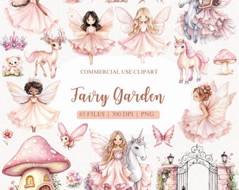 Puede incluir: Un conjunto de clipart digital con hadas, unicornios, setas y otros elementos caprichosos en una gama de colores rosa y blanco. El conjunto incluye 65 archivos, 300 DPI, y está en formato PNG. El texto "Fairy Garden" aparece en la imagen.