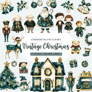 Clipart de Natal Vintage em Aquarela, Clipart de Papai Noel, Clipart de Família de Natal, Clipart de Quebra-Nozes, Clipart de Rena, Contagem Regressiva de Natal