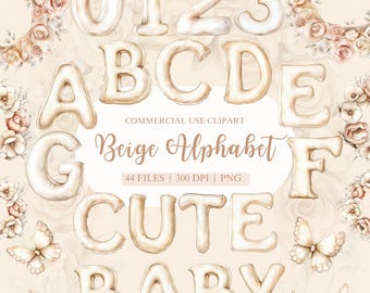 Alphabet Watercolor Clipart, Alphabet PNG, Baby Monthly Milestone, English Alphabet, Numbers Clipart, Beige Alphabet, Preschool
