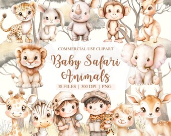 Watercolor Baby Safari Animals Clipart, Safari Nursery Decor, Safari Baby Animal PNG, Baby Shower Clipart, Safari Baby Shower, Giraffe, Lion