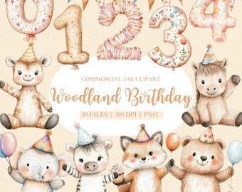 Clipart de fiesta de cumpleaños, animales del bosque, guardería del bosque, animales del bosque, baby shower del bosque, clipart de acuarela, primer cumpleaños